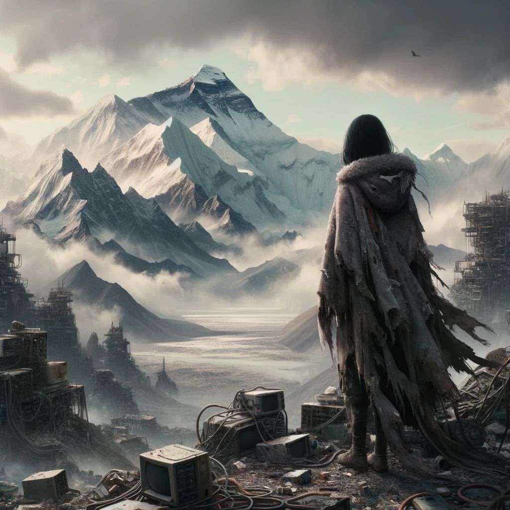 someone gazing at Mount Everest, digital art, dystopia